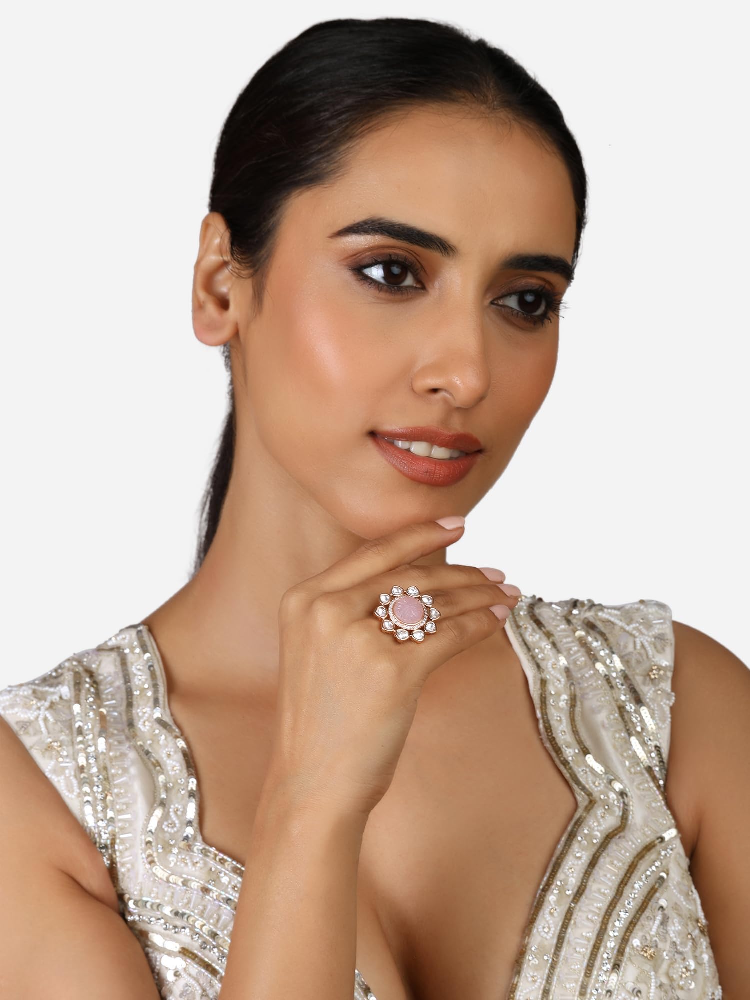 Women's Adjustable Brass Flower Ring with Cubic Zirconia