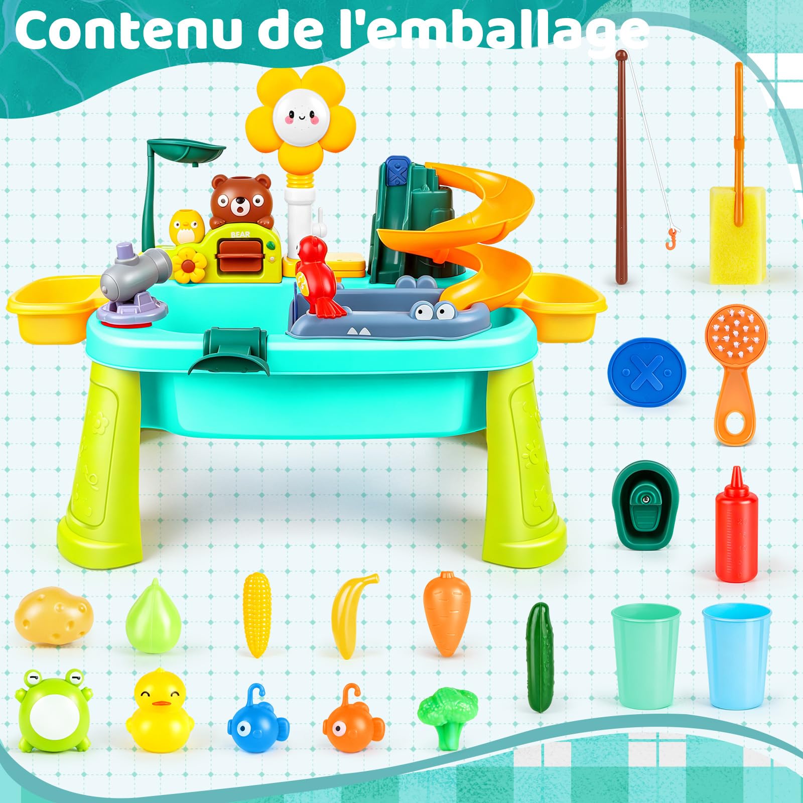 Jouet D'évier de Cuisine, Table Eau Enfant Exterieur, Jeu d'eau Enfant avec Circuit Eau, Évier Jouet avec Robinet Électrique Légumes et Jouets de Pêche pour Garçons et Filles 3+ Ans (Bleu)