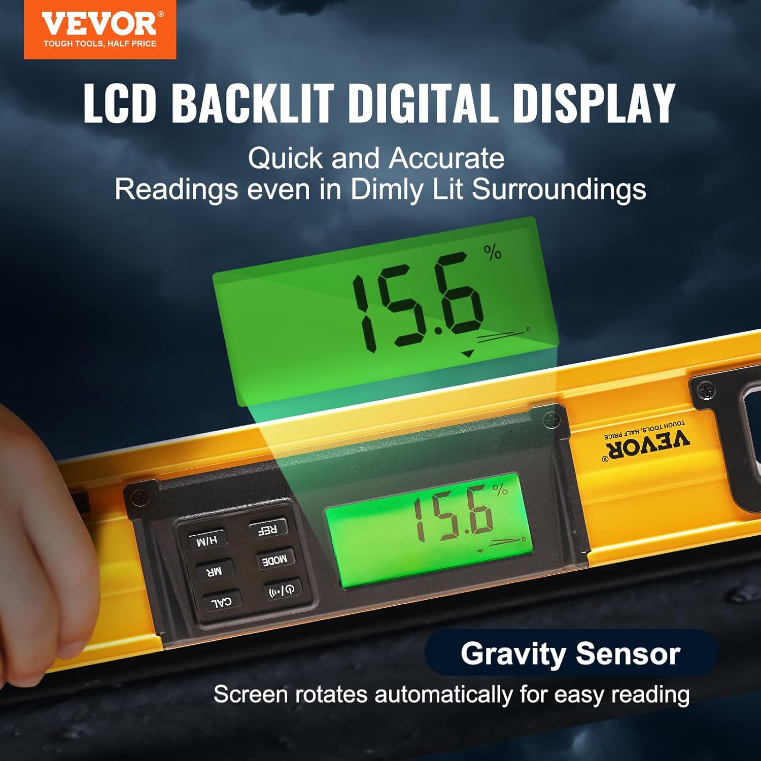 VEVOR Magnetic Torpedo Level DL405 with LCD display showing 15.6% and gravity sensor feature