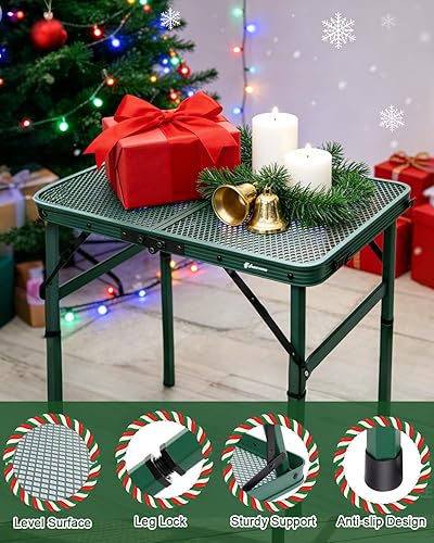 Miniatura 5 de Mesa plegable pequeña de 2 pies con asa de transporte, altura ajustable de 10.6" o 22", malla de metal verde, portátil y compacta