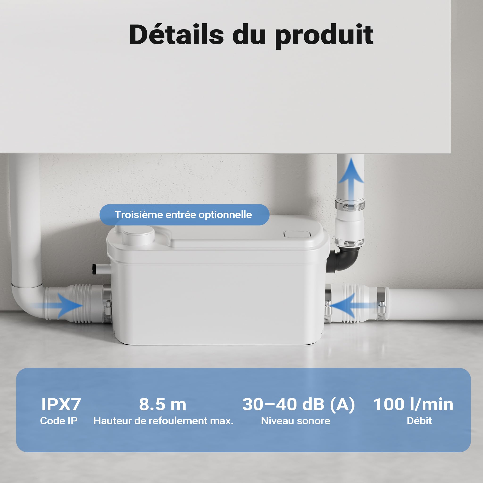 XPOtool Pompe de relevage 3/1 compacte – 250 W – avec 3 entrées – Hauteur de refoulement max. 8,5 m – Eaux usées Eaux chargées Pompage – Station de relevage pour Lavabo, Douche, Toilette, WC