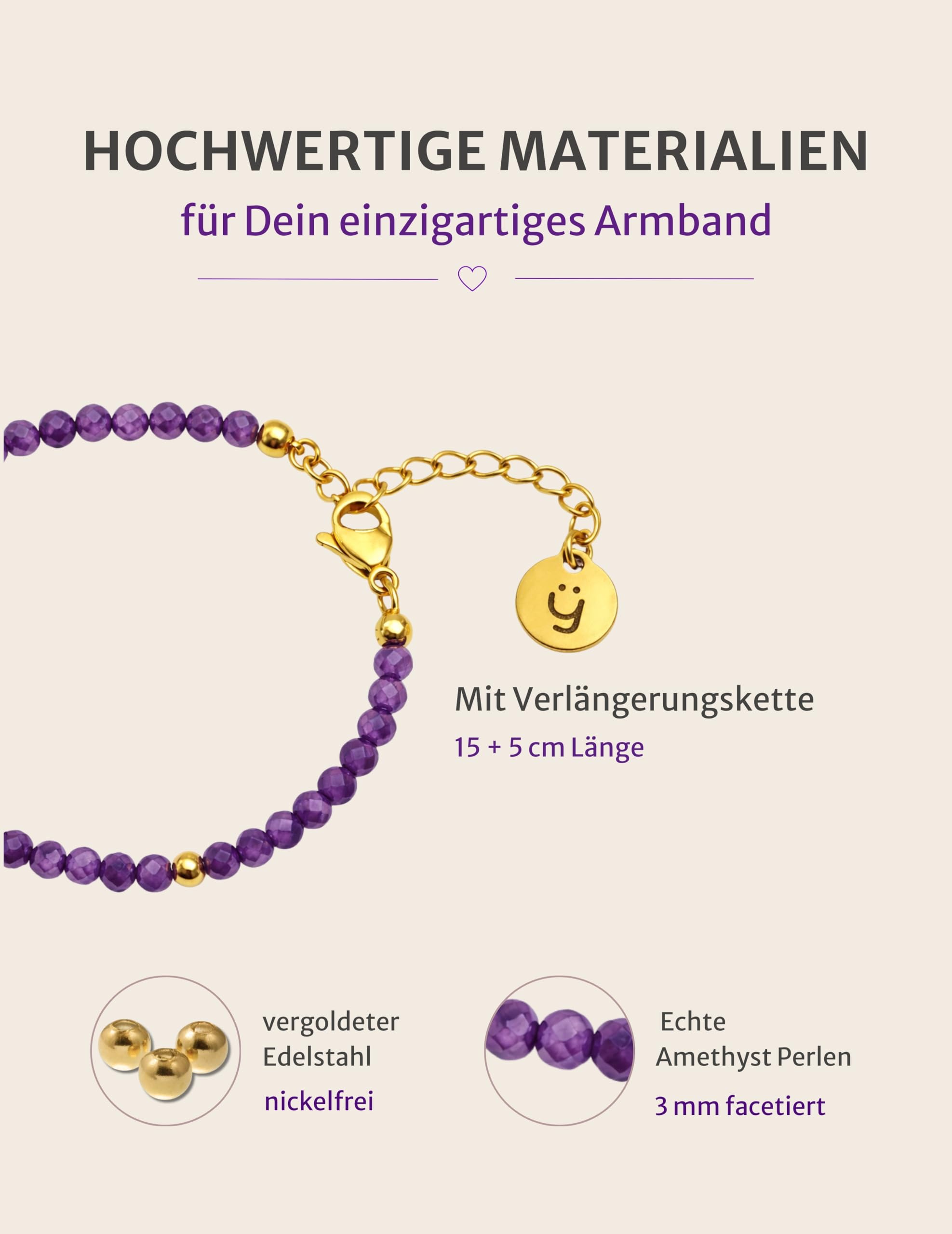 happymaker - Bracciale donna con Ametista, pietra naturale viola, perline e chiusura in acciaio inox placcato oro 18k, pietra di nascita febbraio, fatto a mano in Germania, confezione regalo