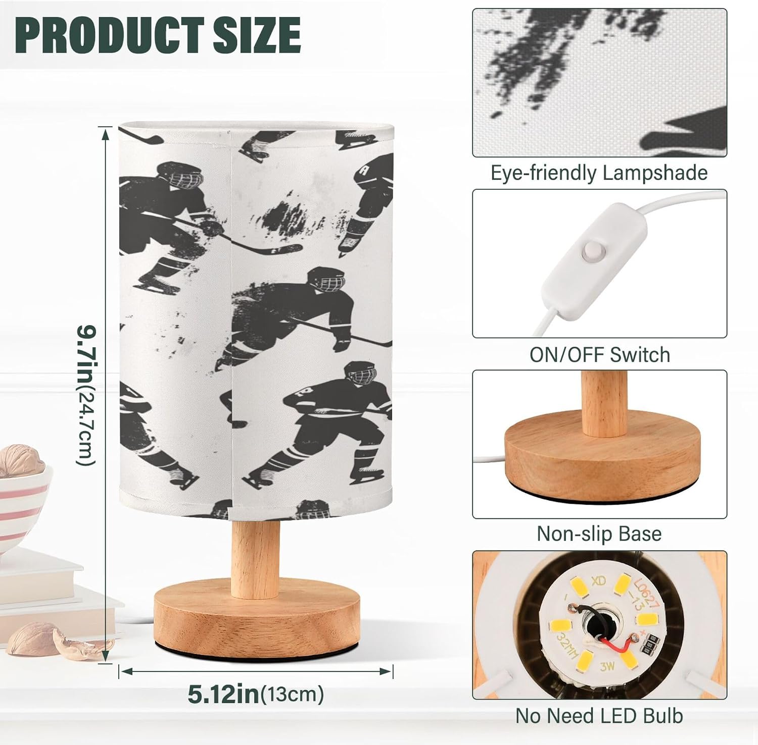 Black White Hockey Table Lamp with USB Port Night Light Bedroom Lamps for Nightstand Living Room Dorm Home Office Desk