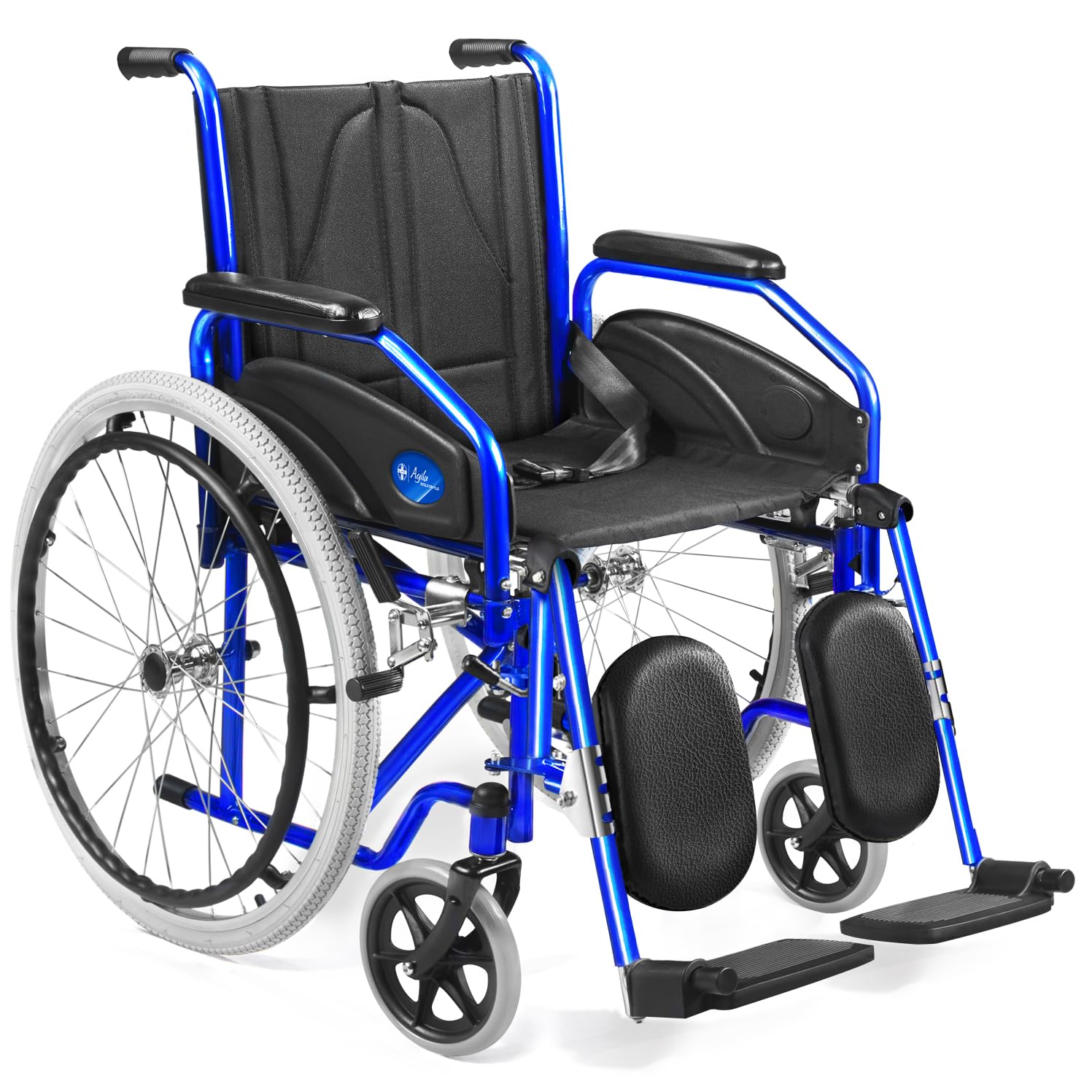 AIESI® Silla de Ruedas ligera plegable con reposapiés elevables ajustables AGILA EVOLUTION PLUS, Reposabrazos extraíbles, Cinturón de seguridad, Bomba de inflado, Garantía 24 meses