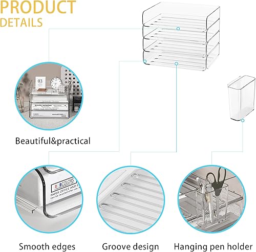 Miniatura 3 de Organizador de bandeja de papel apilable de 4 niveles para escritorio con vaso colgante desmontable para bolígrafo, organizador de papel de