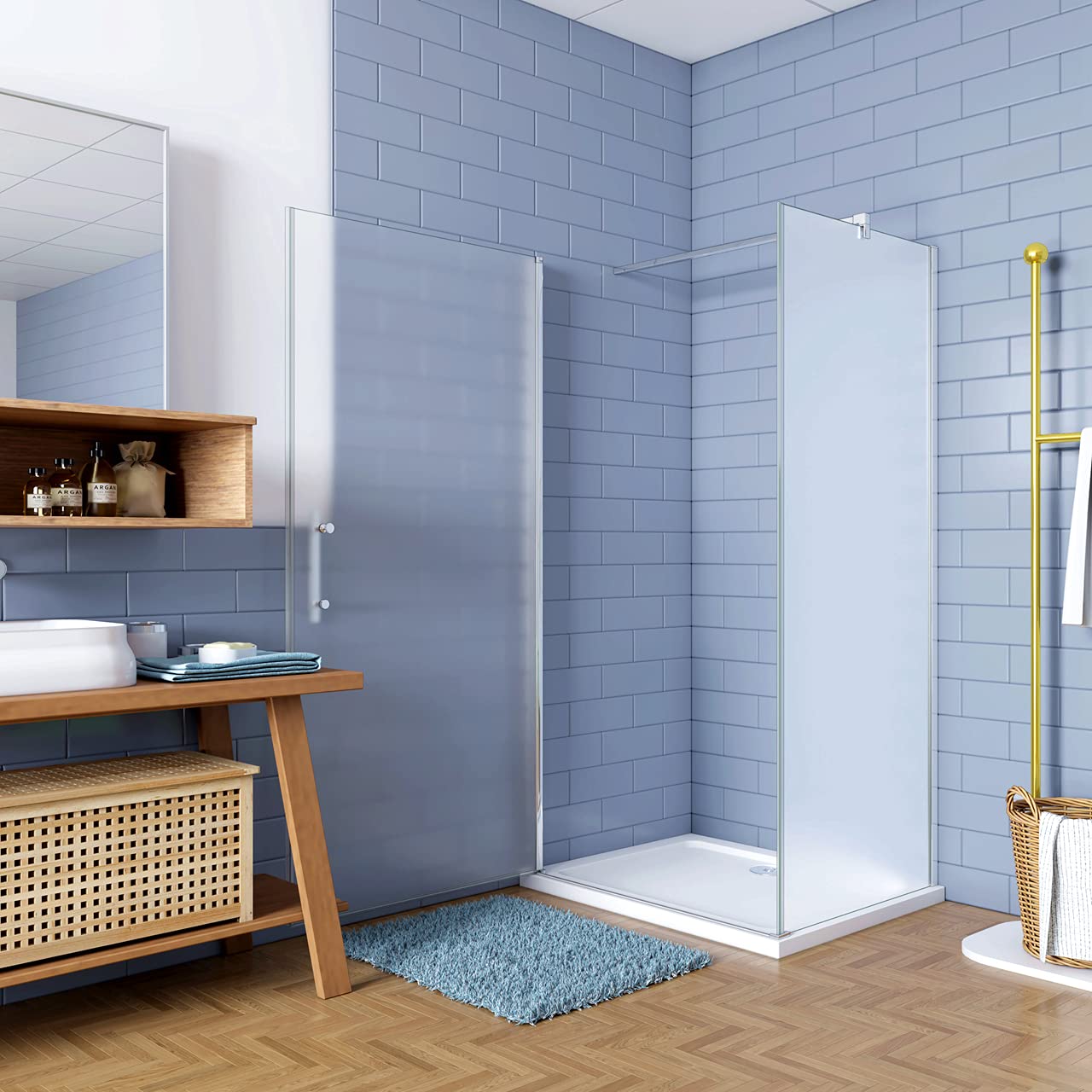 195cm Box Doccia Angolare Porta Battente 70x70cm vetro Satinato Barra 90cm | Parete Doccia Anticalcare, Vetro Temperato, Satinato Opaco, Barra Stabilizzatrice, montaggio irreversibile