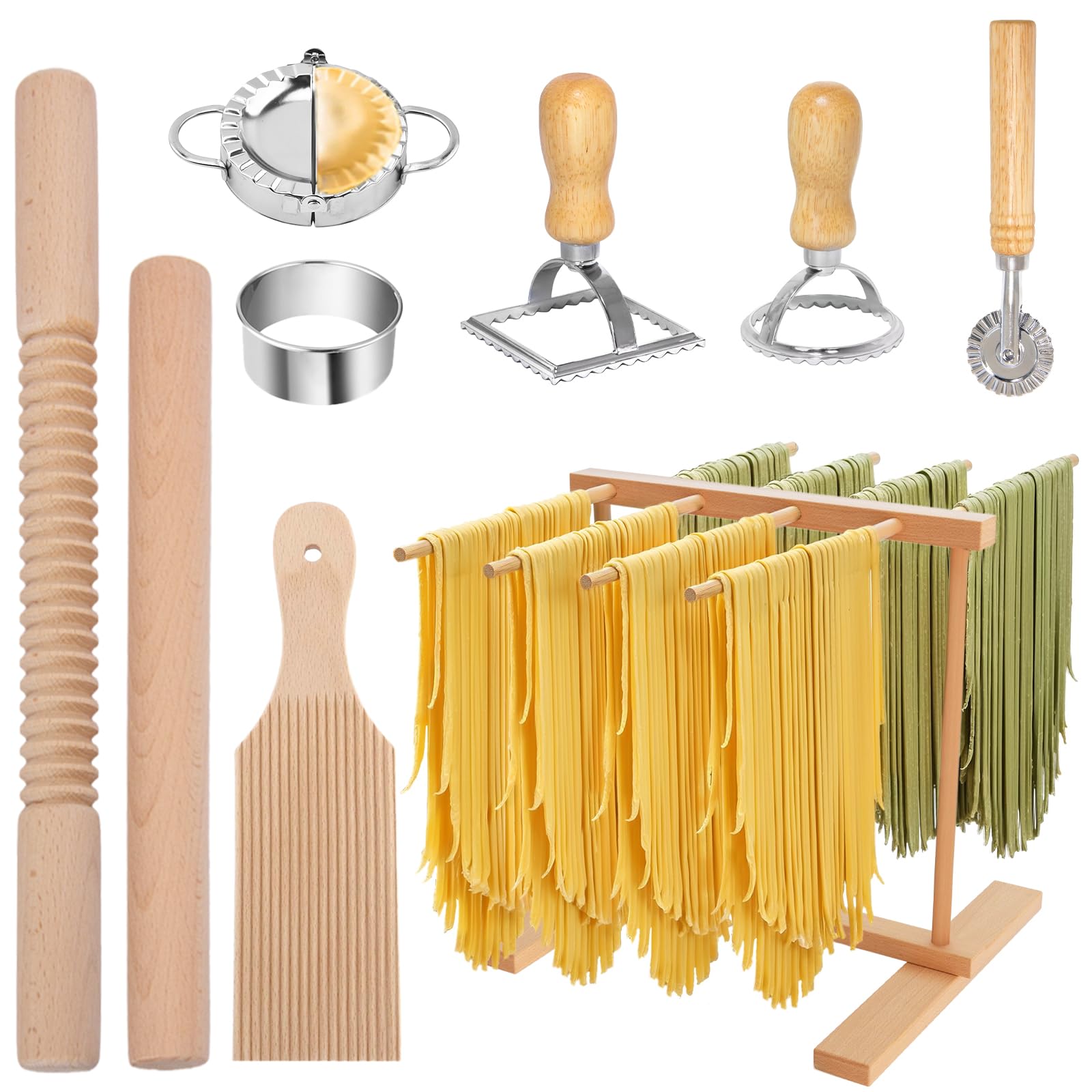 Pasta Making Tool Set, 9 PCS Wood Pasta Making Kit with Drying Rack, Roller, Gnocchi Board, Ravioli Cutter Accessories, Stamp Maker Cutter