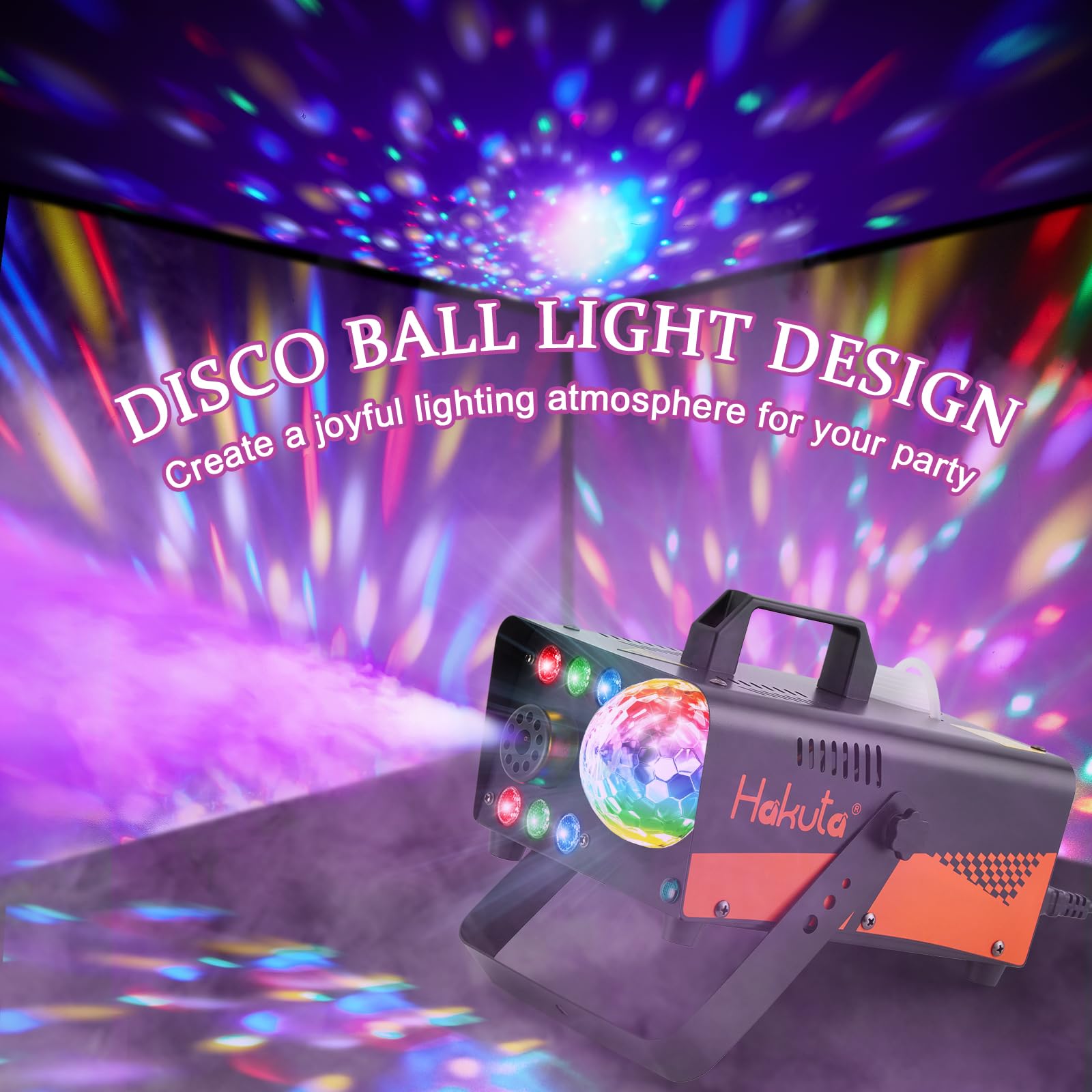 HAKUTA Máquina de Humo con bola de discoteca y luces LED RGB, 600 W Fog Machine, 2300 CFM Spray con función de pulverización automática,para Halloween, Navidad,boda,rendimiento de escenario y fiestas