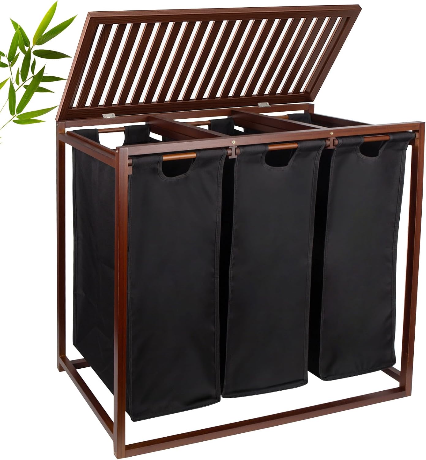 Bamboo Laundry Hamper 3 Section with Lid, 150 L Laundry Sorter with Pull-Out Removable Washable Bags, 3 × 12.5 Gal Divided Laundry Baskets for Laundry Room, Bathroom (Black)
