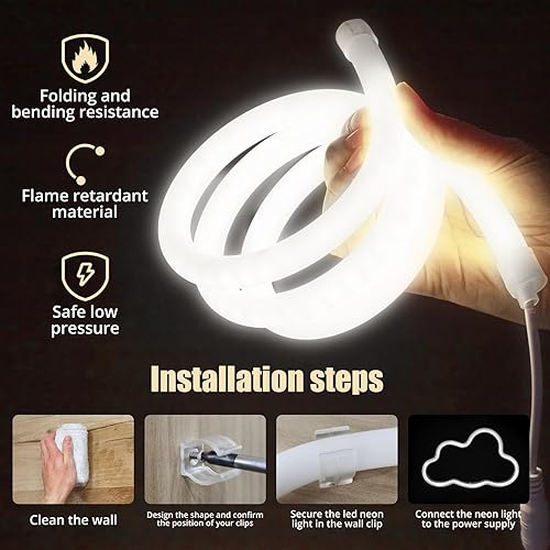 Miniatura 5 de HOUHUI Cuerda de luz LED de neón de 360, tubo redondo de 3.28 pies, 6500 K, tira de luces LED blancas de iluminación de 360 grados, IP65,