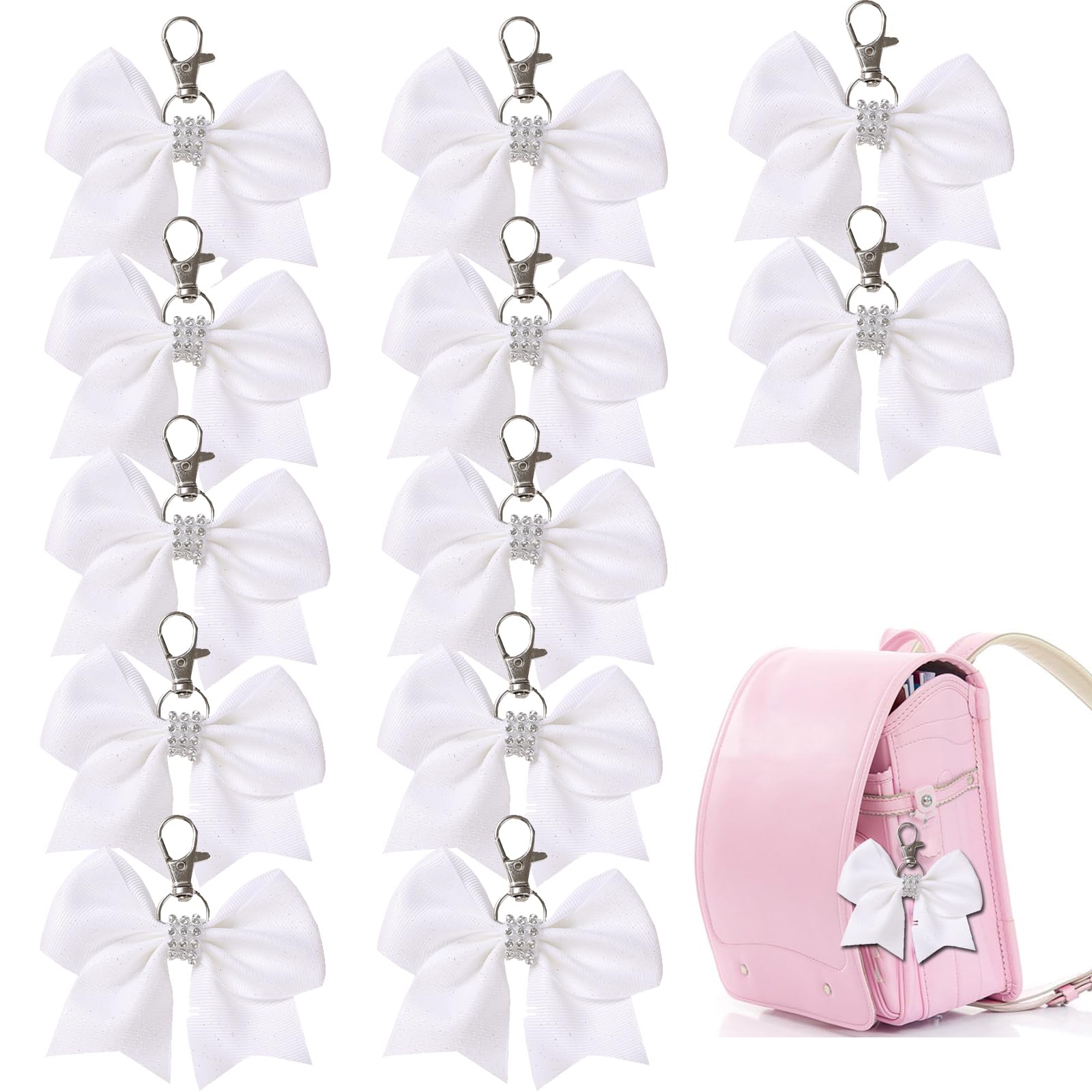 12 Pcs Shiny Glitter Bow Keychain for Girl Bowknot Women Backpack Bag Cheer Team Cheerleading Sports Gift