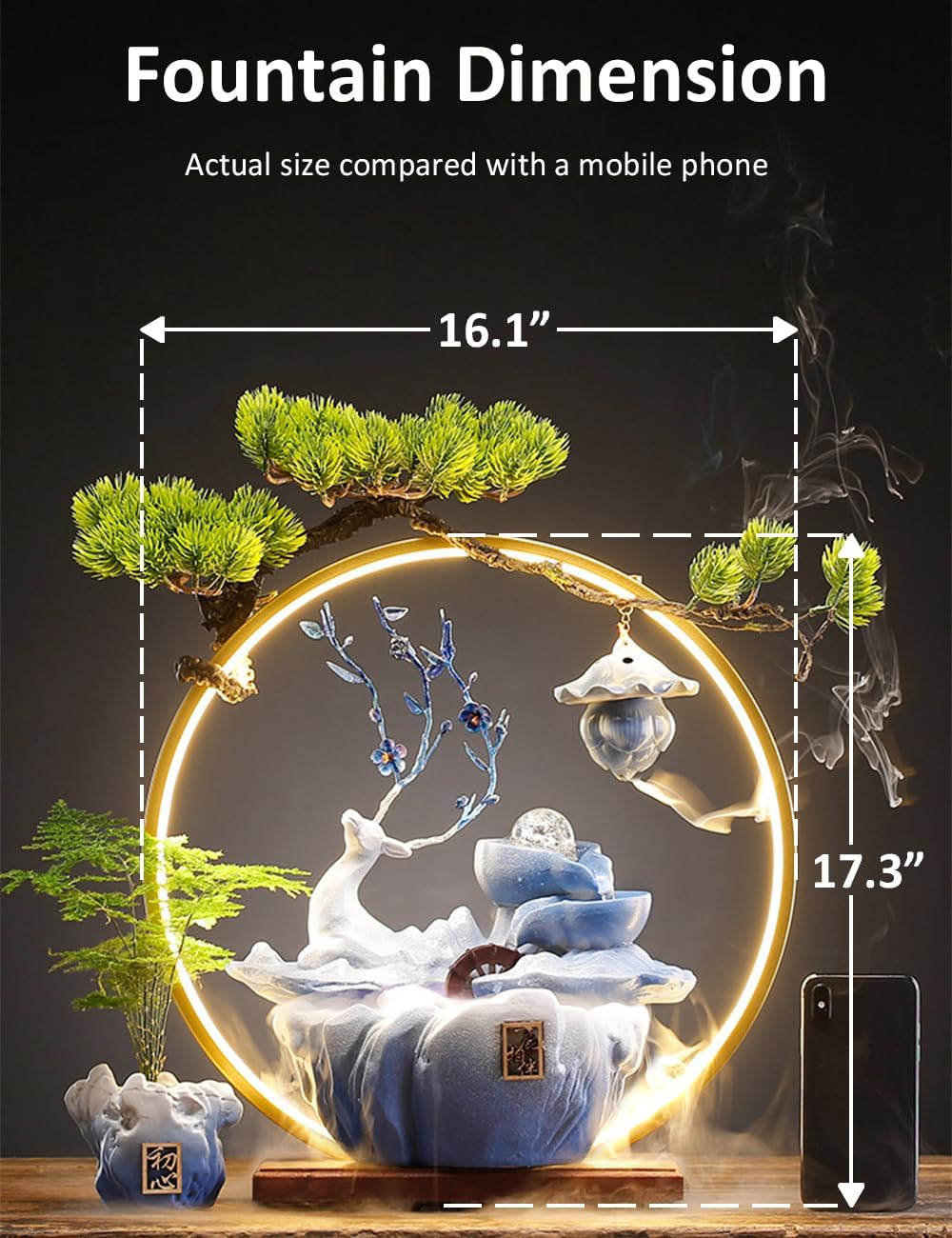 deer tabletop water fountain with led light mist, home decor includes backflow incense,japanese water fountains for meditation,indoor zen decor for office,living room or bedroom (blue)