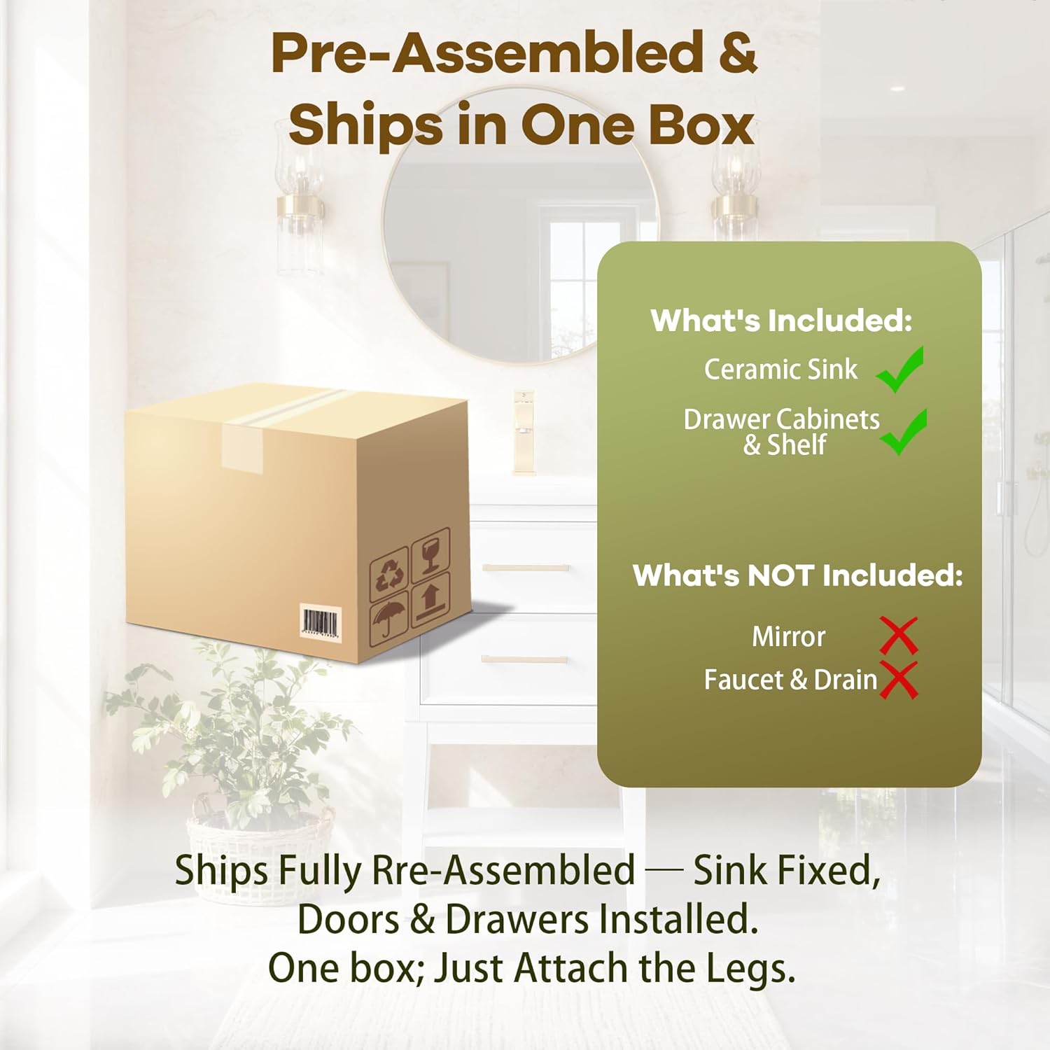 20" Small Bathroom Vanity with Ceramic Sink, Modern Vanity Sink Combo, Free-Standing Bathroom Sink Cabinet, Solid Wood Frame, 1 Flip-Out Drawer & 1 Soft-Close Drawer, Open Shelf, Pre Assembly