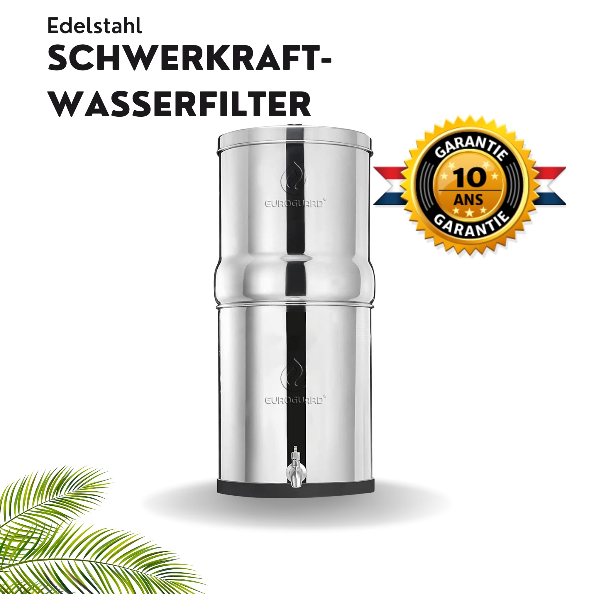 Schwerkraft-Wasserfiltersystem, 304-Edelstahl-Arbeitsplattensystem, 8,5 Liter, 100% Edelstahlhahn und 2 Premium-Kerzenfilter. (Silberglanz, 8.5L)