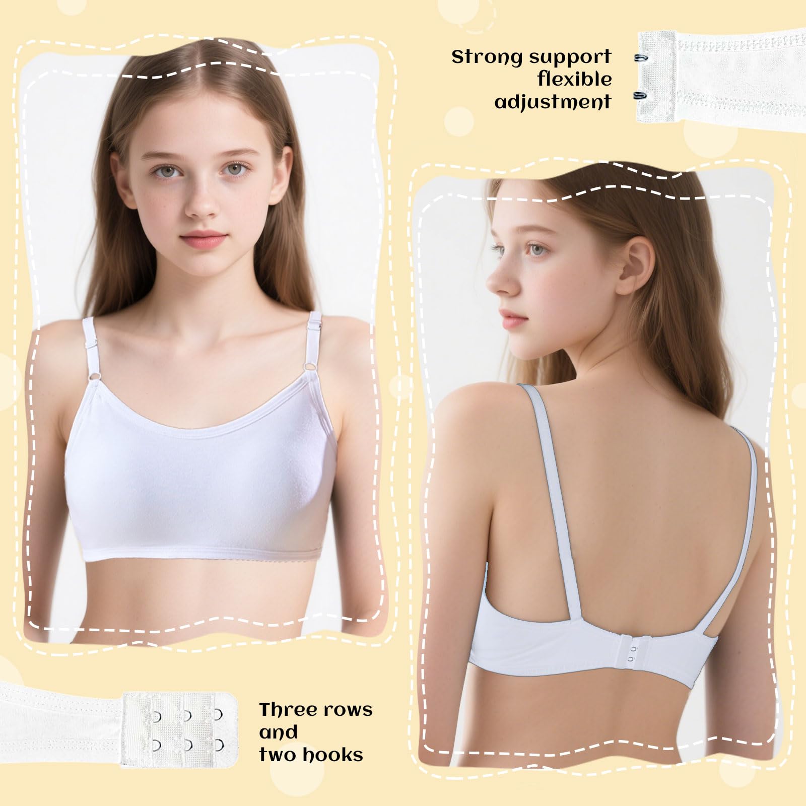 3 Piezas Deportivo de Algodón para Niña Adolescente, Sujetador de Niña Top Básico Sin Aros con Ajustable y Almohadillas de Busto Fijas Bralette, Sujetadores Deportivo para 7 a 18 Años (Blanco)