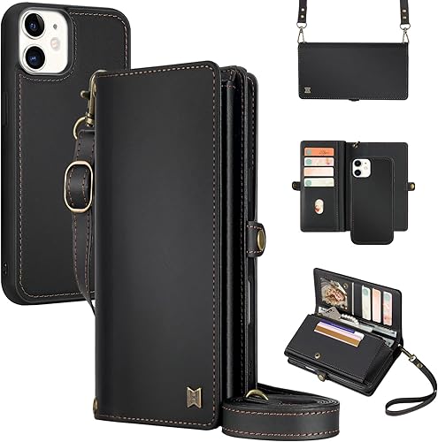 Funda tipo cartera compatible con iPhone 11, funda magnética desmontable multifuncional 2 en 1 para iPhone 11, cartera con correa abatible y