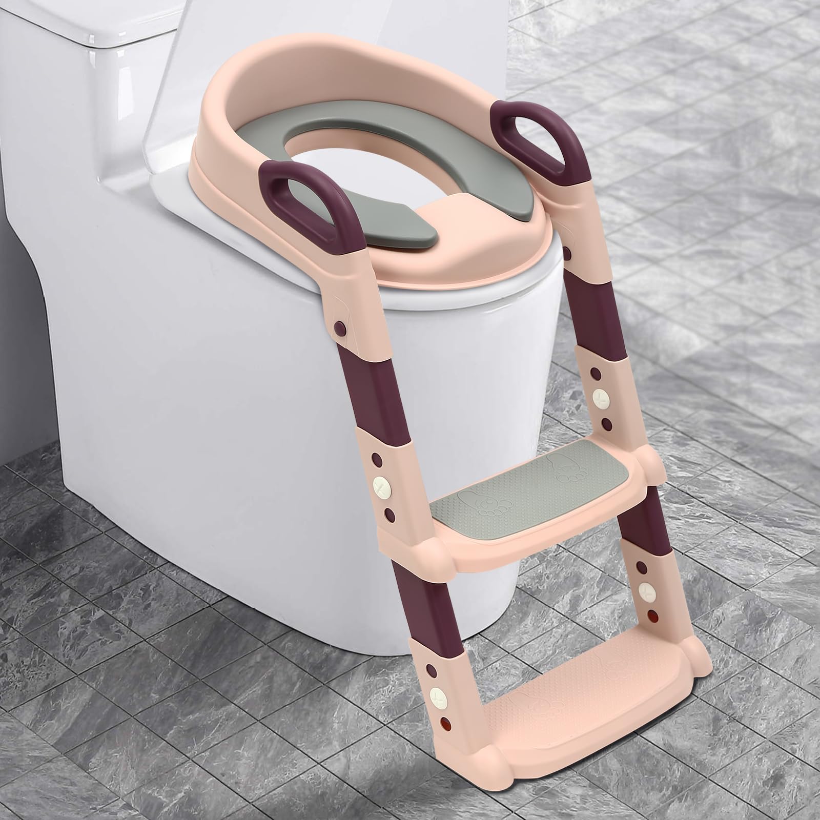 Kinder Toilettensitz mit Treppe abnehmbares PU-Kissen, höhenverstellbar 2–7 Jahre, klappbarer WC Sitz mit Leiter, rutschfest & sicher für V/U/O Toiletten (Rosa)