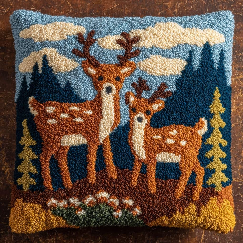 WallustrioaW Latch Hook Kits Pillow Printed Cushion,Deer in the Forest,Needlework DIY Hook Latch Kit Pillowcase Cover Home Sofa Christmas Decoration,17x17in