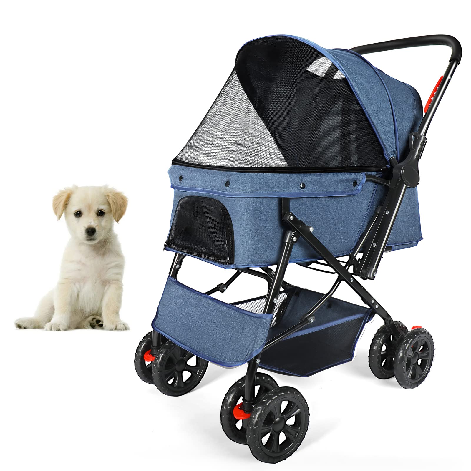 Pet Stroller Dog Strollers for Medium Dogs and Cats with Reversible Handle, 360 Rotating Front Puppy Stroller for Small/Medium Dogs with Mesh Windows (Blue)