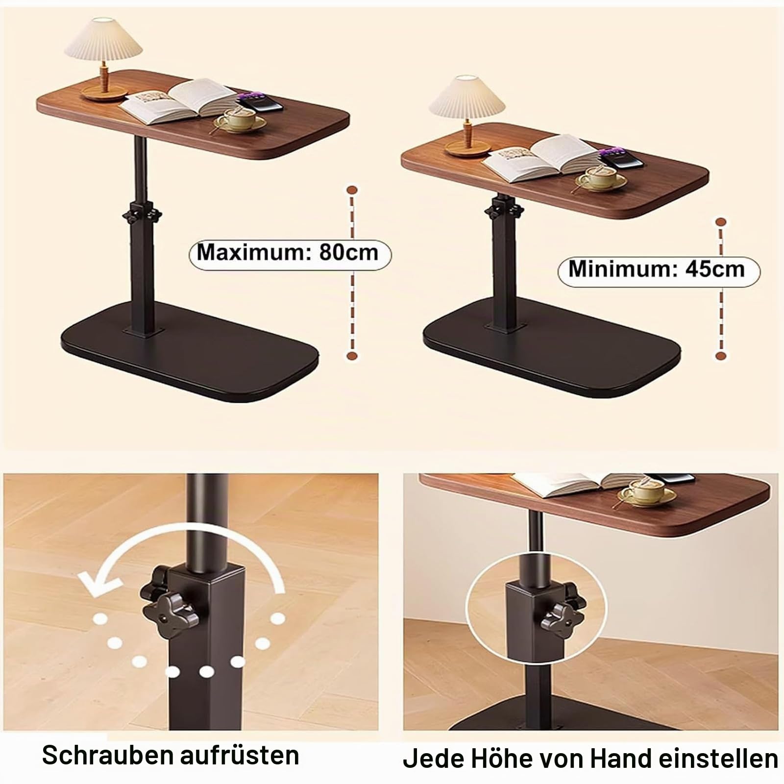 Beistelltisch Holz Klein Couchtisch Sofatisch: C Form Höhenverstellbar Couch Mobiler Kaffeetisch Klein Side Table Laptop Stand für Wohnzimmer Schlafzimmer (Holzfarbe)