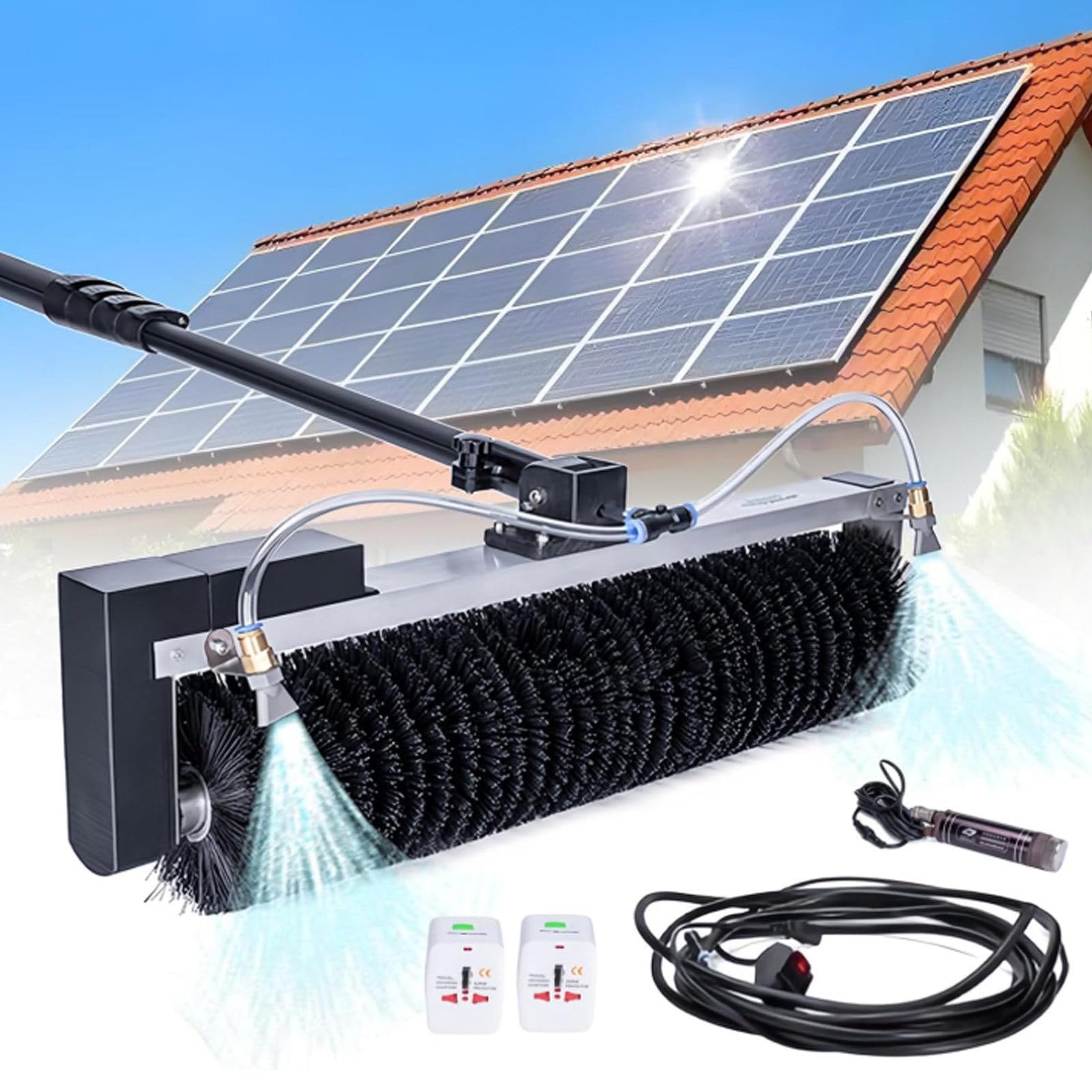 Electric Solar Panel Cleaning Kit, Automatic Rotary Cleaning Brush, Solar Panel / Roof Water Brush, Window Cleaner, Special Roof Water Brush with Adjustable Extension Rod LithiumBattery-3.5m/11.4ft
