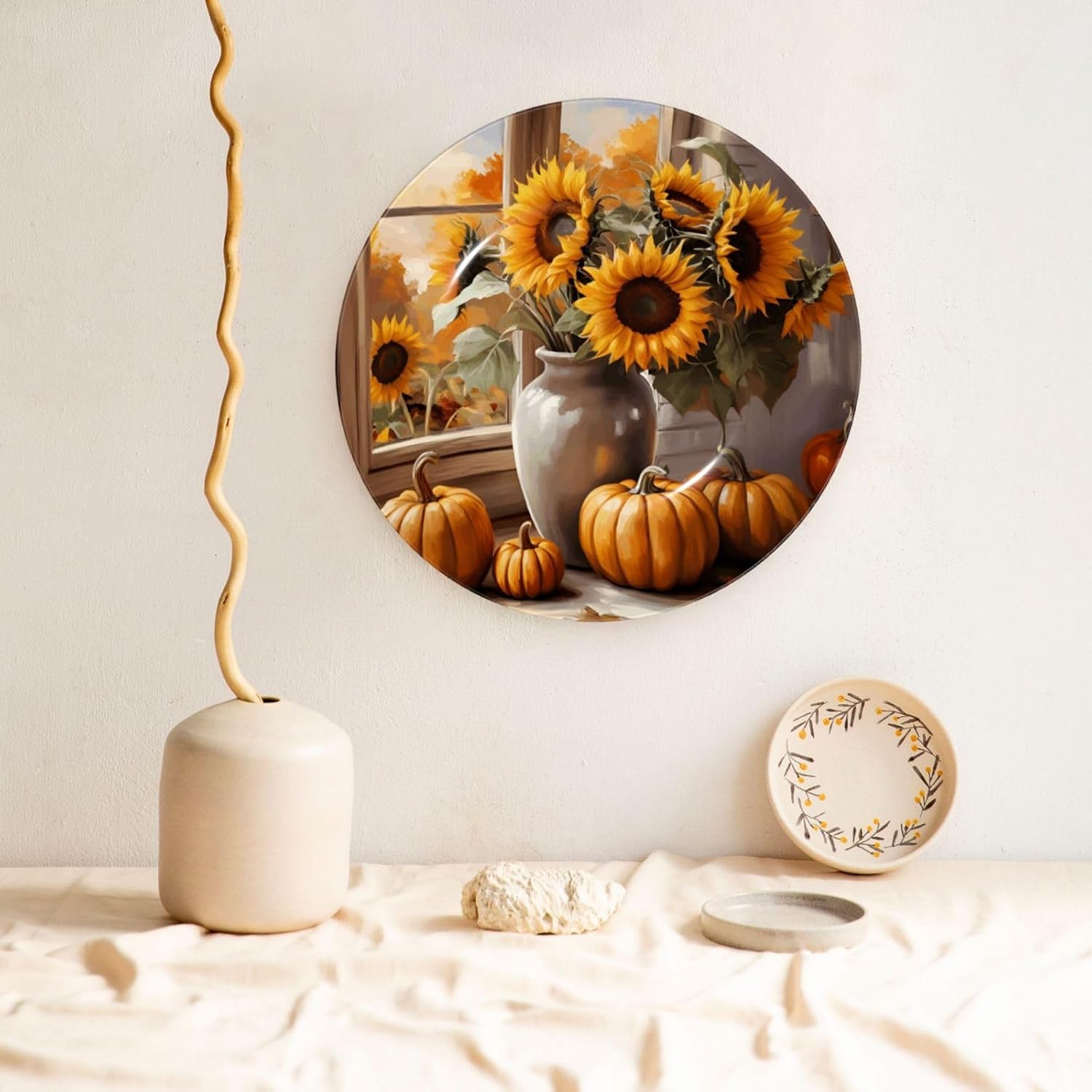 Watercolor-Sunflower-Pumpkin 10 Inch Decorative Plate With Stand, Elegant Display Wall Plate For Home Decor