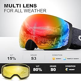 Odoland Magnetic Interchangeable Ski Goggles with 2 Lens, Large Spherical Frameless Snow Snowboard Goggles for Men Women, Black Frame Blaze Lens vlt15%