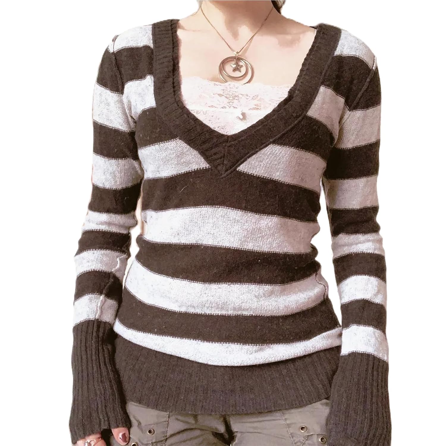 Women Y2k Slim Fit Bell Sleeves Sweater Striped Knit Sweatshirt Vintage Lace V Neck Pullover Tops