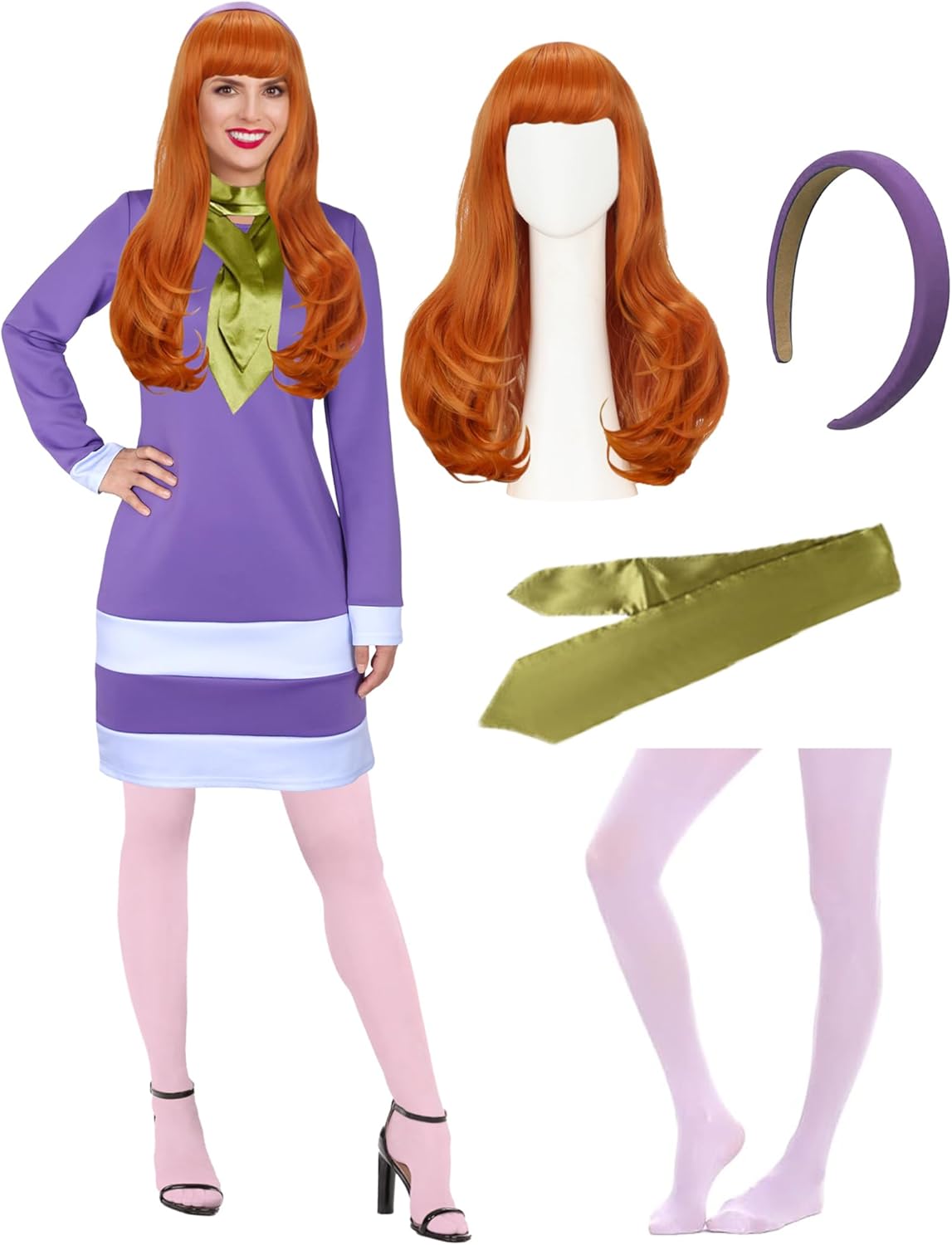 Women Costume Long Sleeve Purple Mini Dress with Scarf Headband Socks for Halloween Party