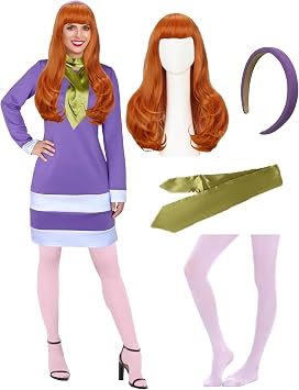 Women Costume Long Sleeve Purple Mini Dress with Scarf Headband Socks for Halloween Party