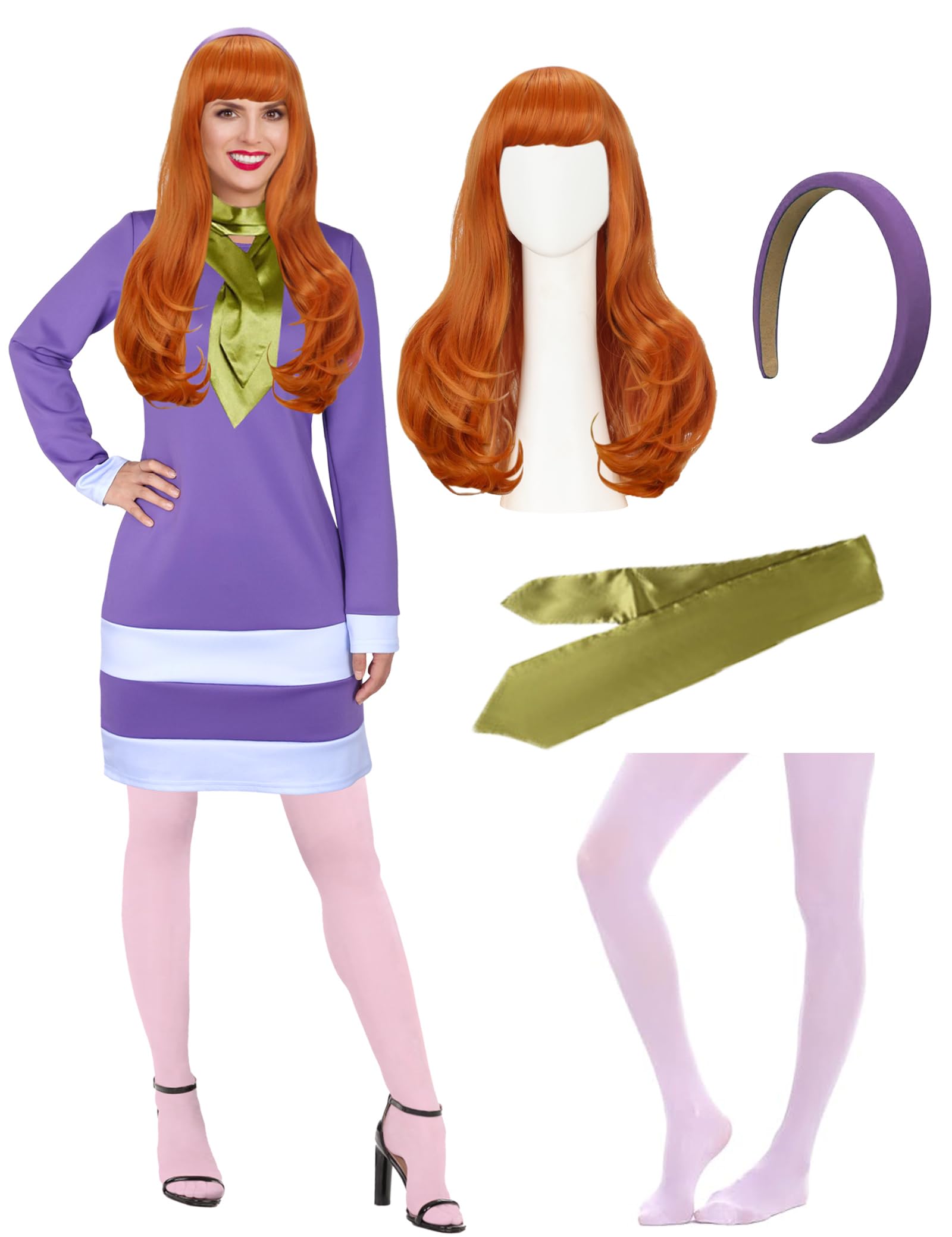 Women Costume Long Sleeve Purple Mini Dress with Scarf Headband Socks for Halloween Party