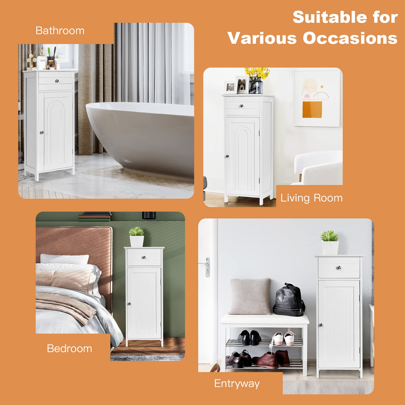 GIANTEX Armadietto Bagno da Terra, Mobiletto a 3 Ripiani con Anta, Cassetto, Manico, Spazio Interno Flessibile, Compatto e Salvaspazio, 35,5x30,5x88 cm, Bianco/Marrone/Grigio/Nero