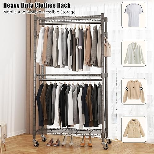 Vista 24 de Perchero de ropa resistente, perchero ajustable con estantes, armario independiente, 1 barra para colgar ropa, 3 estantes de alambre cansados, 4