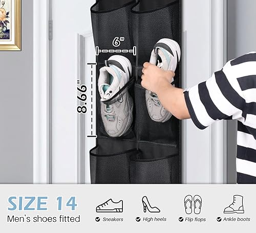 Miniatura 3 de MISSLO Organizador de zapatos sobre la puerta, 12 bolsillos grandes de malla para colgar puerta estrecha de armario, negro, paquete de 2