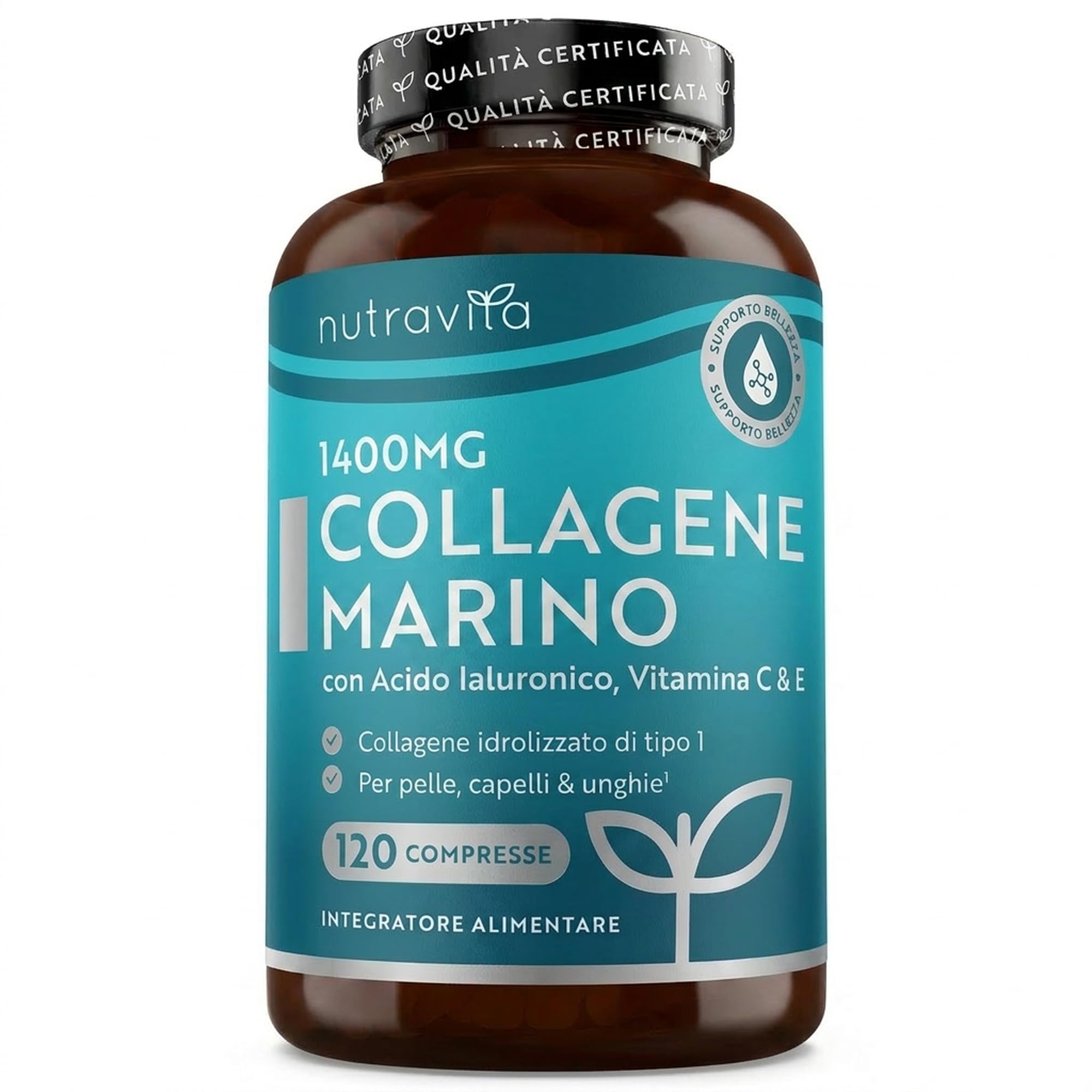 Nutravita Collagene Marino con Acido Ialuronico 1400mg - 120 Compresse - Collagene Idrolizzato Tipo 1 - Marine Collagen, Vitamina C & Biotina Integratore per Capelli, Pelle, Unghie e Articolazioni