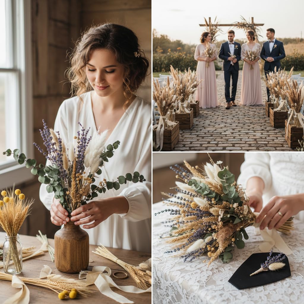 500 Stück getrockneter Pampasgrasstrauß – Boho-Trockenblumen für Vase, weiße und braune Pampas, Hasenschwänze, Weizen und Lavendel – natürliche Blumendekoration für Boho-Zuhause, Hochzeit, Babyparty