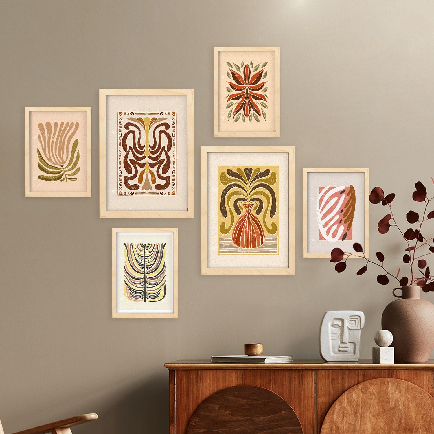 Nacnic Set de 6 Laminas de tallos de estilo étnico. Cuadros decorativos estéticos para su sala de estar, dormitorio, hogar. Impresión de arte de pared. Tamaños A4 y A3 con marcos de madera ligera
