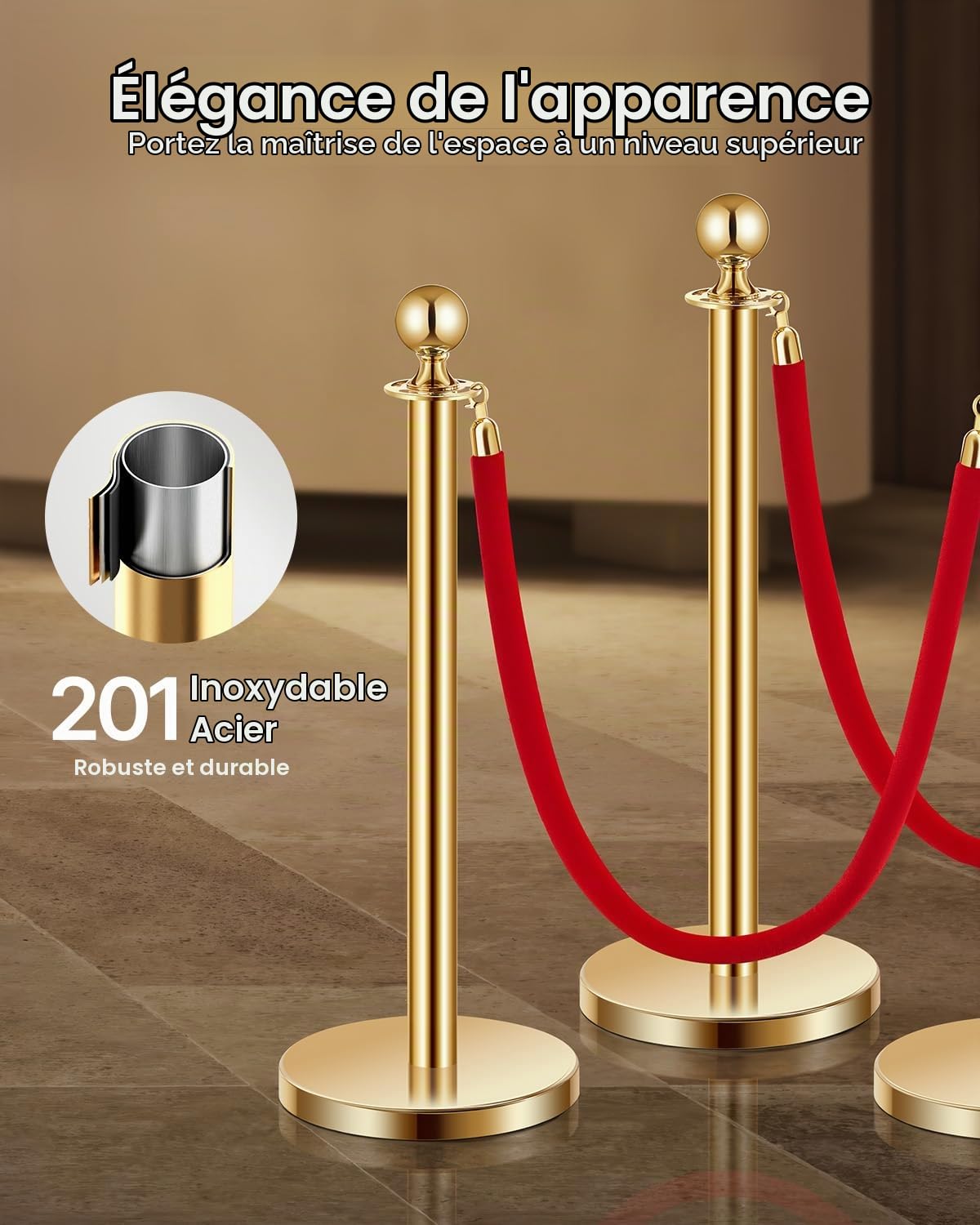 VEVOR Poteau de guidage, 8 pcs, barrière de balisage pour contrôle de foules, avec base creuse, 6 cordes velours rouge et poteaux dorés en acier inoxydable, pour file d'attente en public, hôtel, fête