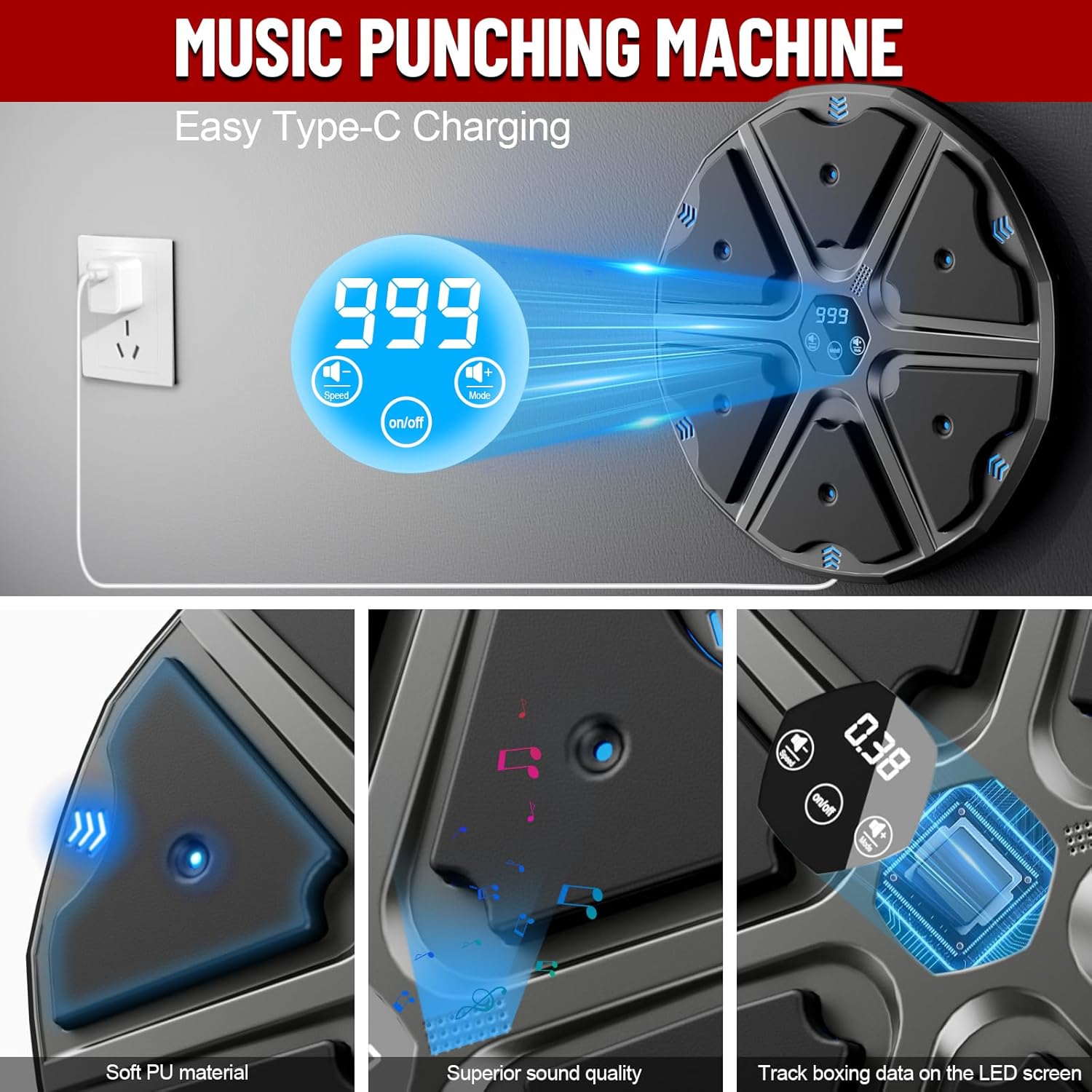 Music Boxing Machine, Wall Mounted Boxing Machine for Adults Kids, Bluetooth Smart Boxing Trainer, Electronic Boxing Workout Equipment Target for Home Gym
