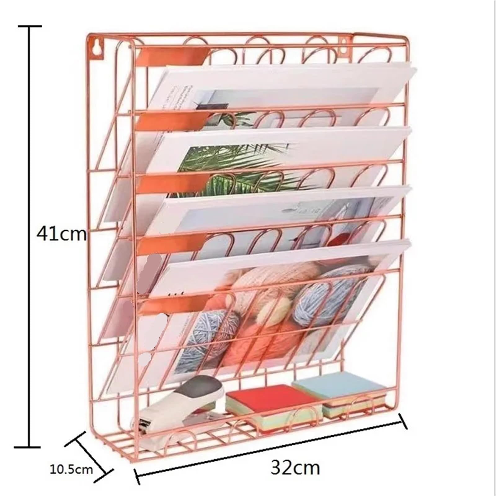 Wandordner Wall-Mounted Storage Rack Five-Story Metal Wall File Holder Newspaper Basket Paper Organizer Magazine Mail Rack Display(Gold)