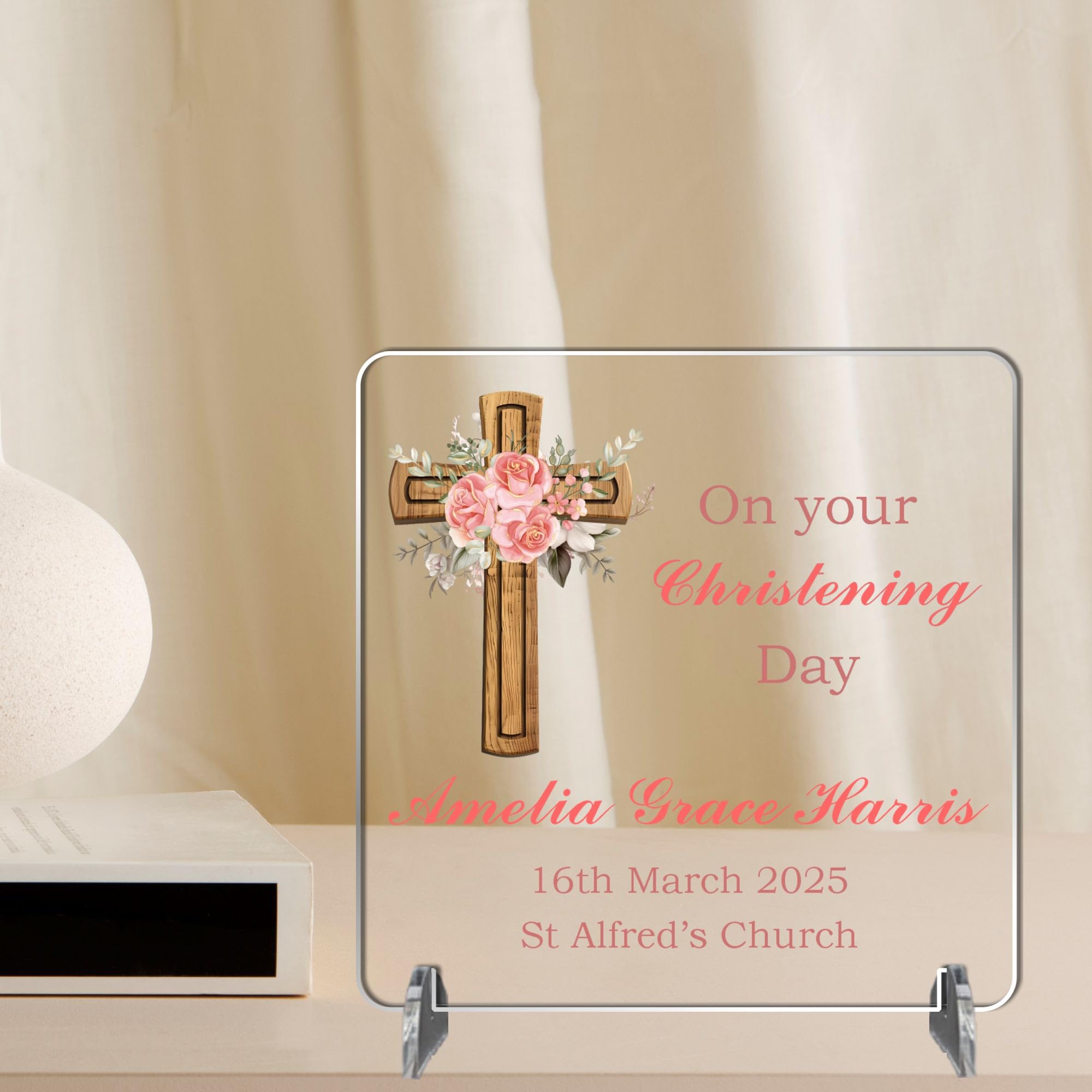 Personalised Christening Baptism Communion Confirmation Plaque Gift, Custom Name Date Place, Christian Baby Keepsake, Godparent Gift, Religious Holy Ceremony (Pink - Acrylic, Christening)