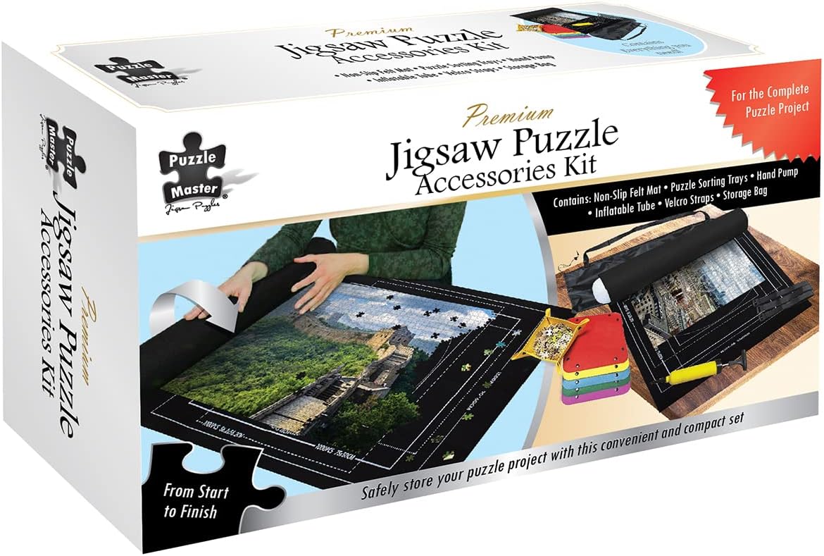Puzzle Master Puzzle Accessories Kit - Non-Slip Felt Mat Puzzle Board with 5 Puzzle Sorting Trays - Puzzle Mat Rollup with Inflatable Tube. Velcro Straps, Storage Bag - Puzzle Storage and Organiser