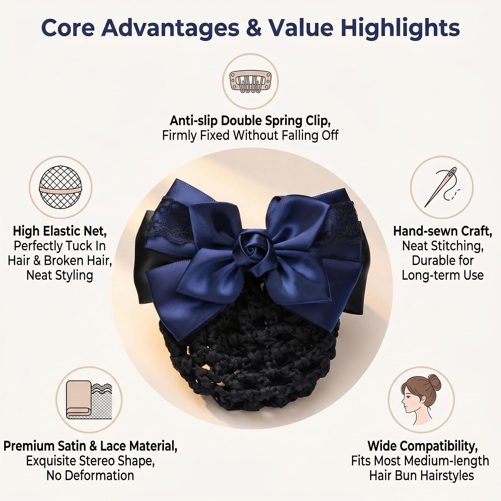 Rete per capelli da donna con fiocco in raso, accessorio per chignon per hostess, banche, alberghi, ristoranti, blu