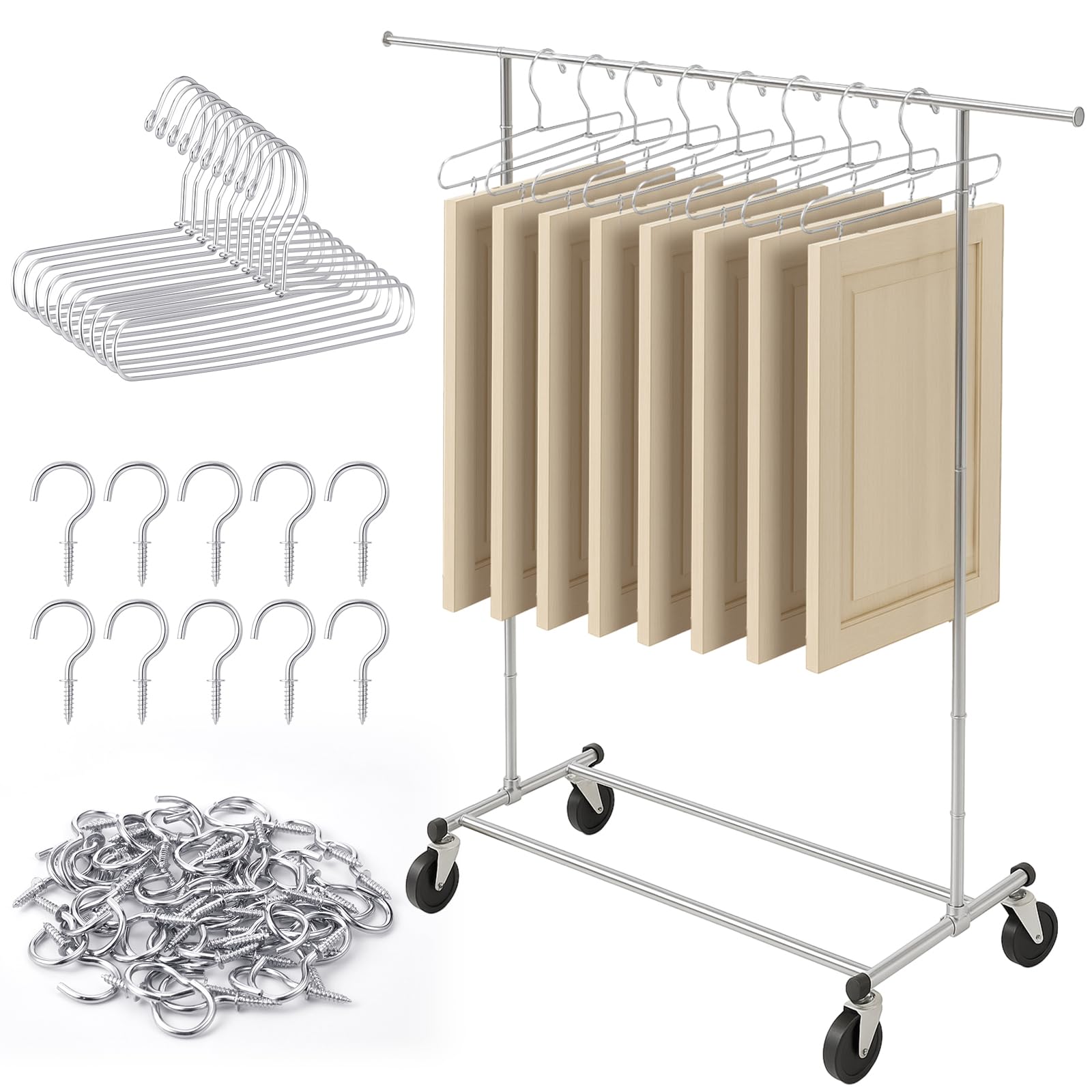 Photo 1 of Beeveer Cabinet Door Painting Hanger System with Drying Rack 10 Hangers 50 Zinc Plated Metal Screw Adjustable Rolling Stand for Painting Spraying Drying Cabinet Door Decker Panels Woodworking Project