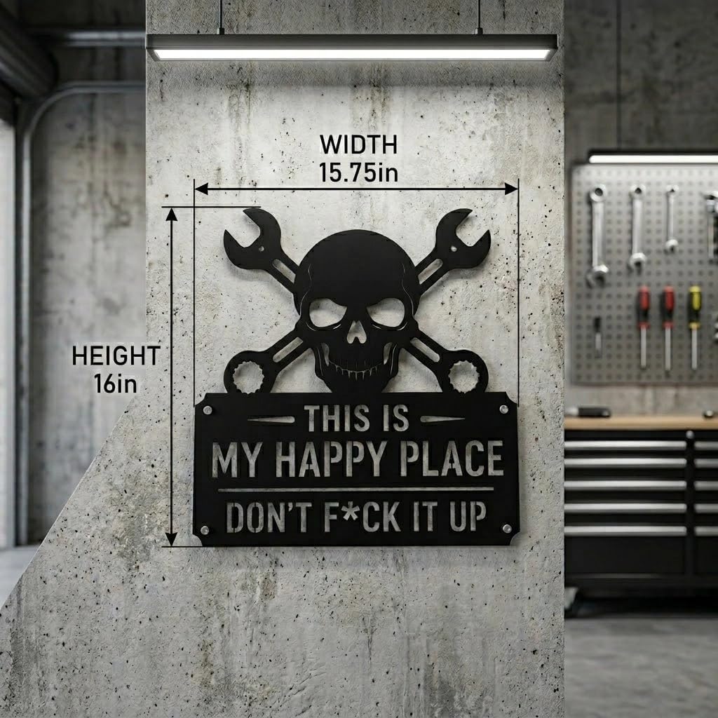 Funny Metal Wall decoration -"This Is My Happy Place Don't F*ck It Up"This Is My Happy Place Black Skull & Crossed Wrenches Wall Decor Suitable for private studios, workshops, and tool rooms（black 16 in）