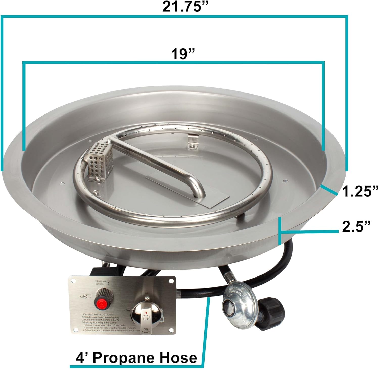 Celestial 19" Round CSA Certified Fire Pit Burner Kit, Stainless Steel Drop-in Fire Pit Pan, Electronic Ignition System, Flame Sensing, Propane