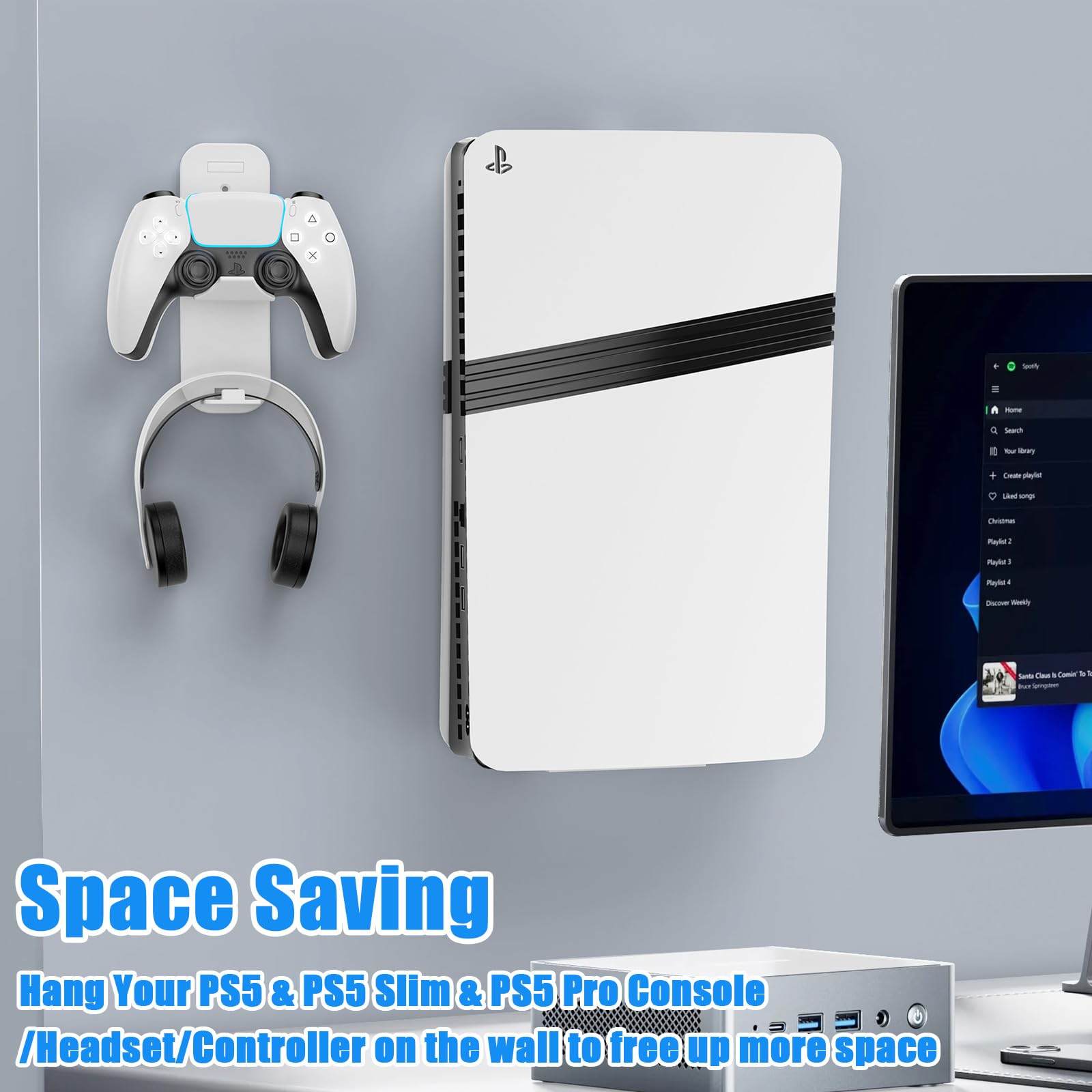 Supporto da parete per PS5 Slim, staffa da parete per PlayStation 5 Slim Staffa per montaggio a parete per PlayStation 5 Slim in acciaio robusto con Supporto per cuffie del controller (Bianco)