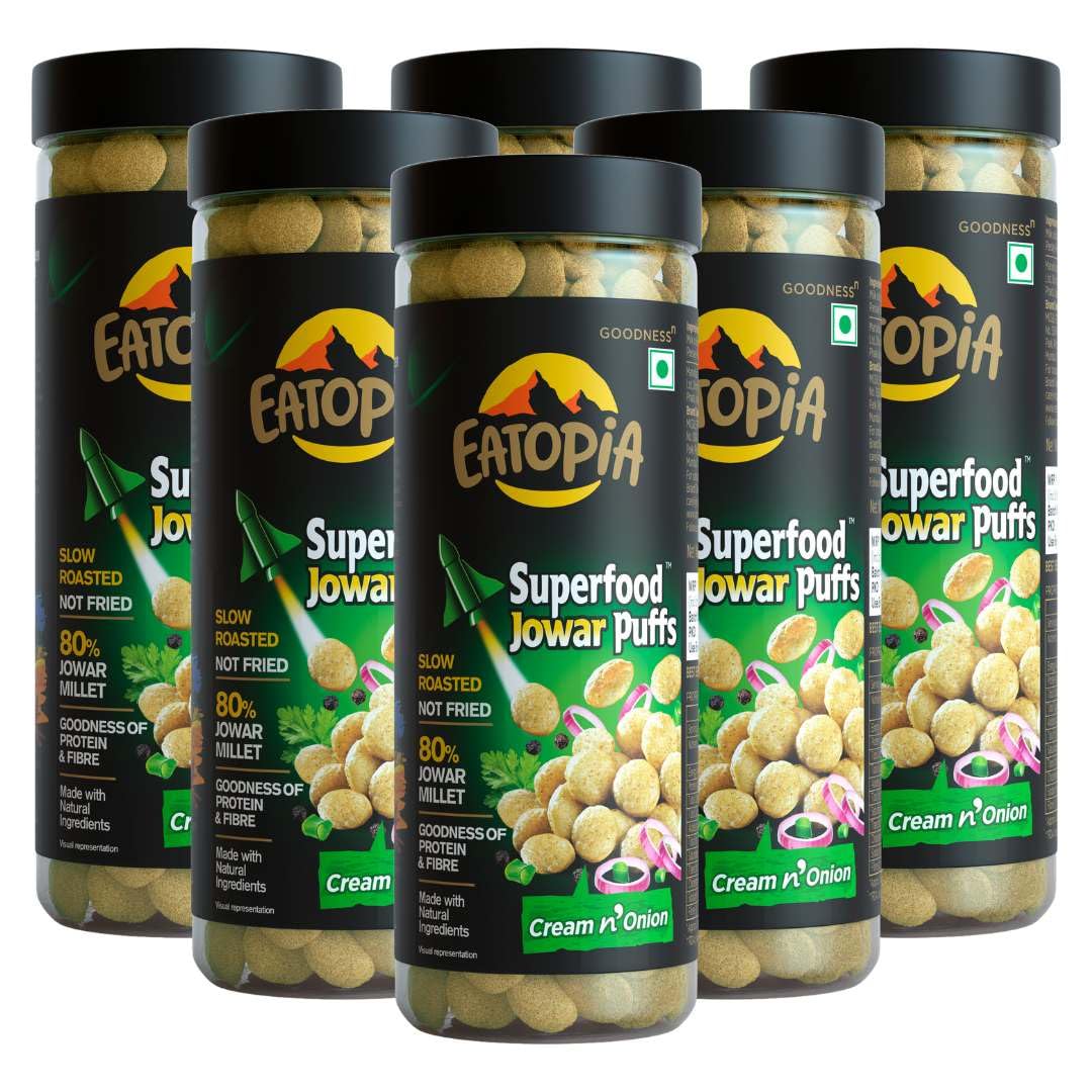 Eatopia Cream & Onion Jowar Puffs | No Preservatives, Not fried, Gluten Free, Slow Roasted | High Protein & Fiber | Low Calorie Healthy Snacks | 80% Jowar | Pack of 6 (Pet Jar) (B0CLH96G7C) Amazon Price History, Amazon Price Tracker