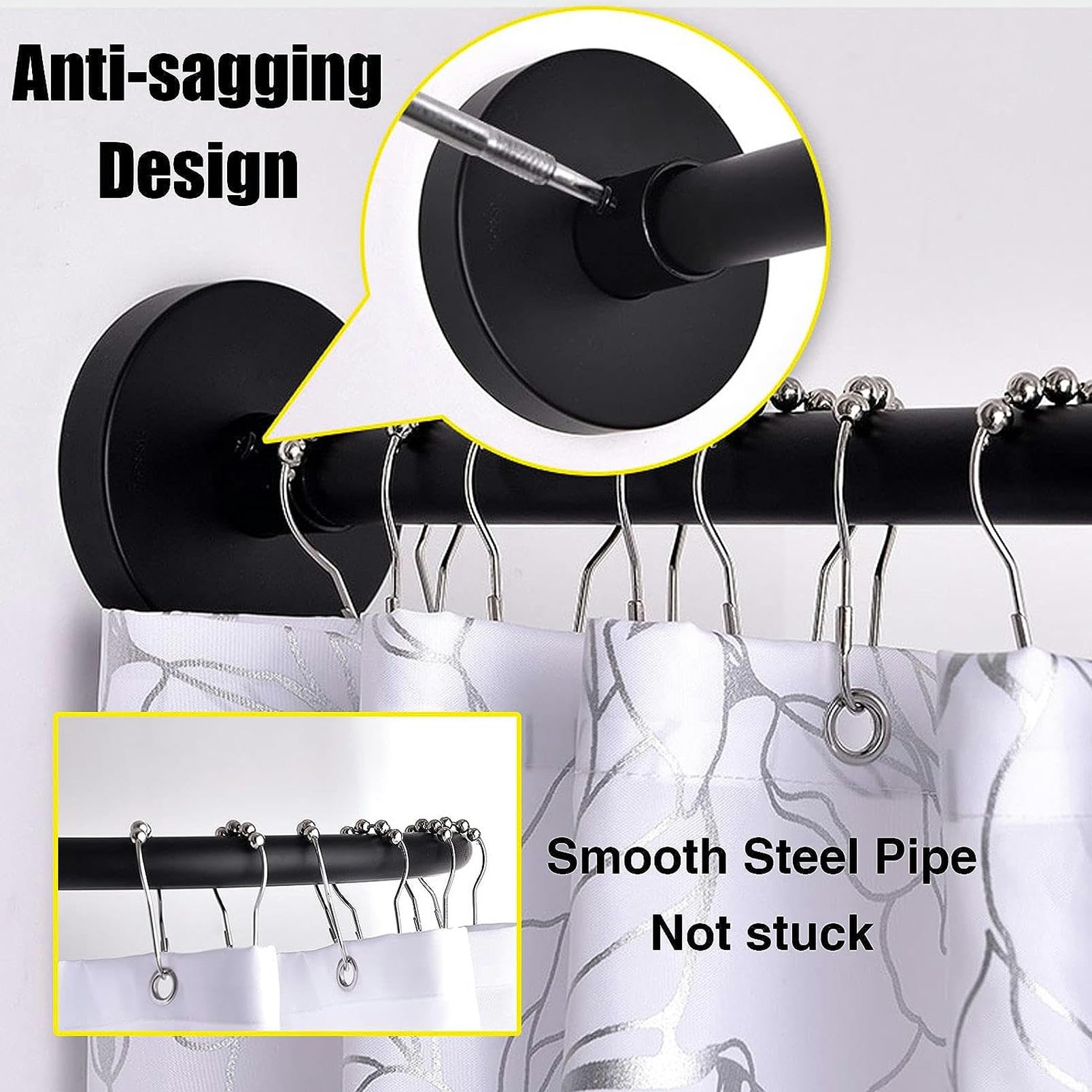 Barra de ducha curvada ajustable, barra de cortina telescópica en forma de U, acero inoxidable a prueba de óxido, montaje en pared sin taladros para baño, riel negro extensible