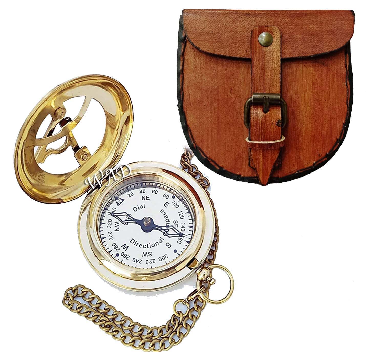 2" Brass Sundial Compass Push Button Nautical Push-Button Navigation with Leather case-picture-17